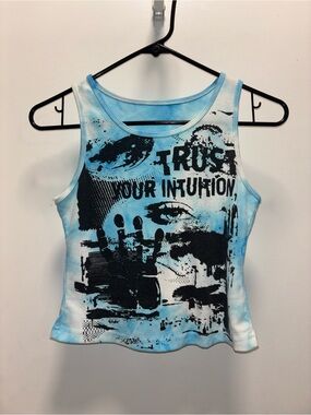 ROMWE Blue Tie-Dye Graphic Ribbed Tank Top